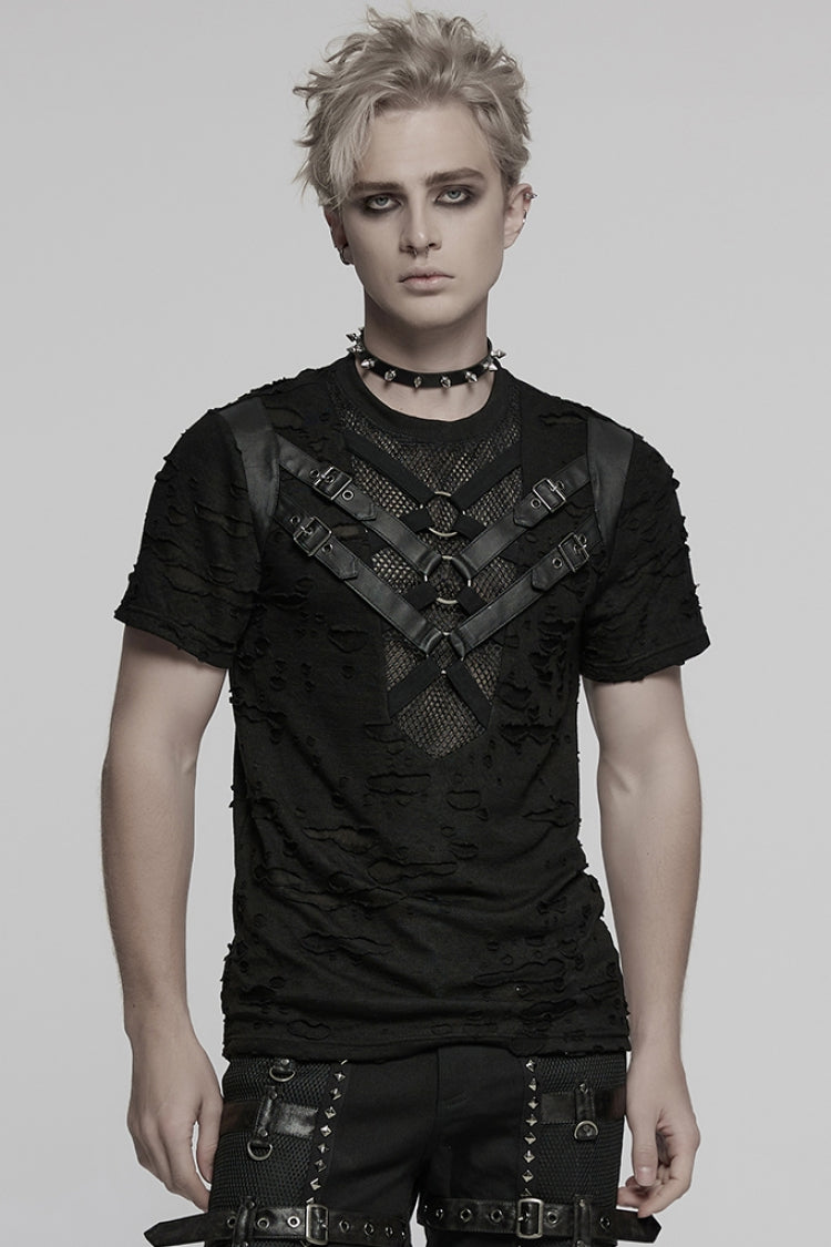 Black Short Sleeves Stitching Mesh Ripped Strap Men's Punk T-Shirt