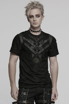 Black Short Sleeves Stitching Mesh Ripped Strap Men's Punk T-Shirt