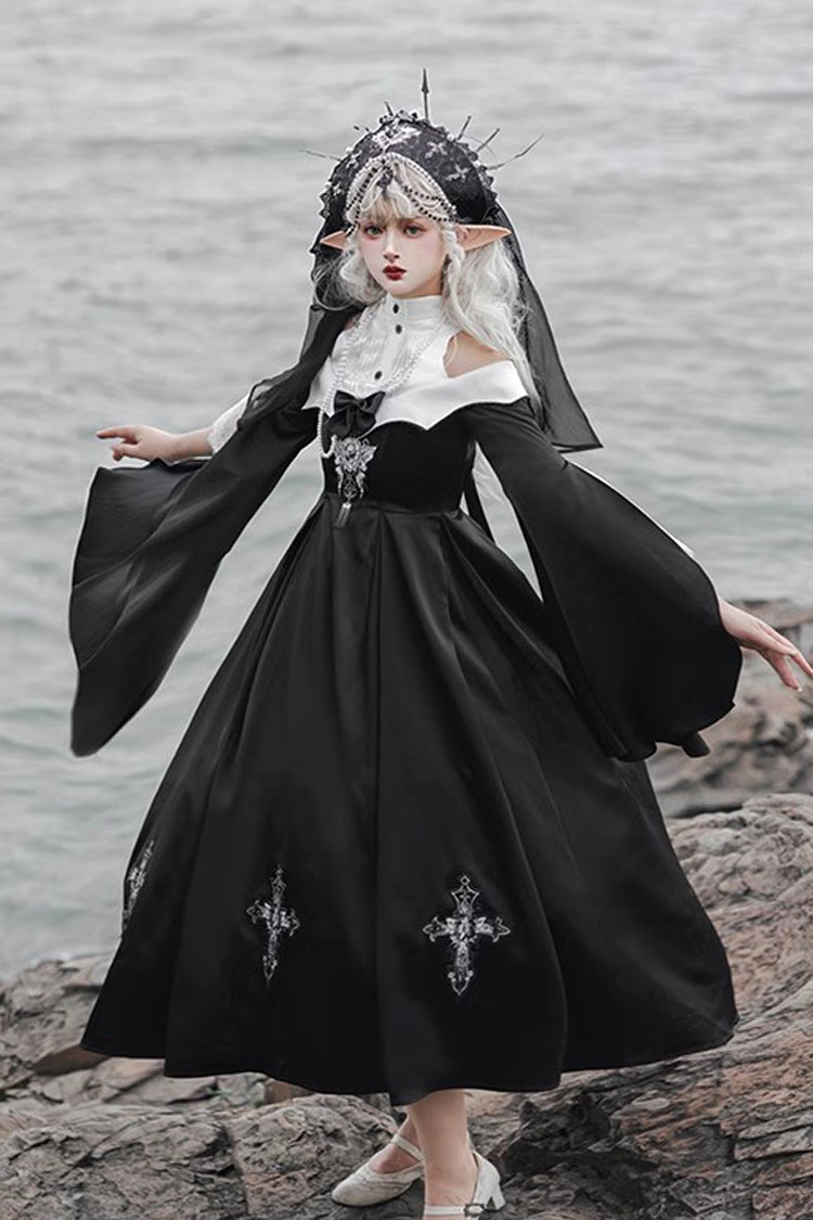 Black [Cross Nun] Stand Collar Off Shoulder Print Bowknot Gothic Elegant Lolita Dress