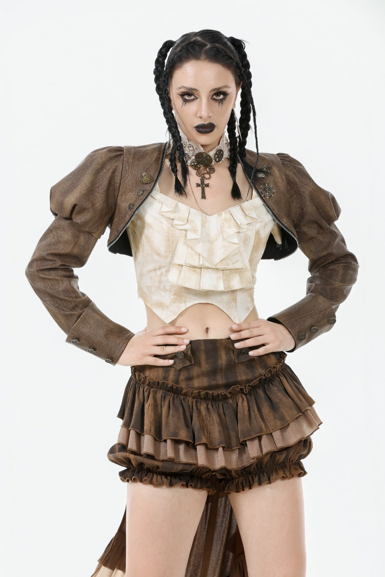 Brown Long Puff Sleeves Zippered Metal-Accented Women's Steampunk Vintage Wrap