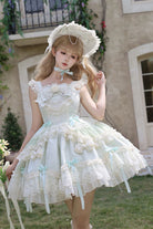 Green [Blossoming Heart Love ] Sleeveless Dark Jacquard Print Bowknot Lace Sweet Lolita Jsk Dress