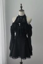 Black Off Shoulder Halterneck Long Sleeves Ruffled Bow Lace-Up Gothic Japanese Jirai Kei Dress