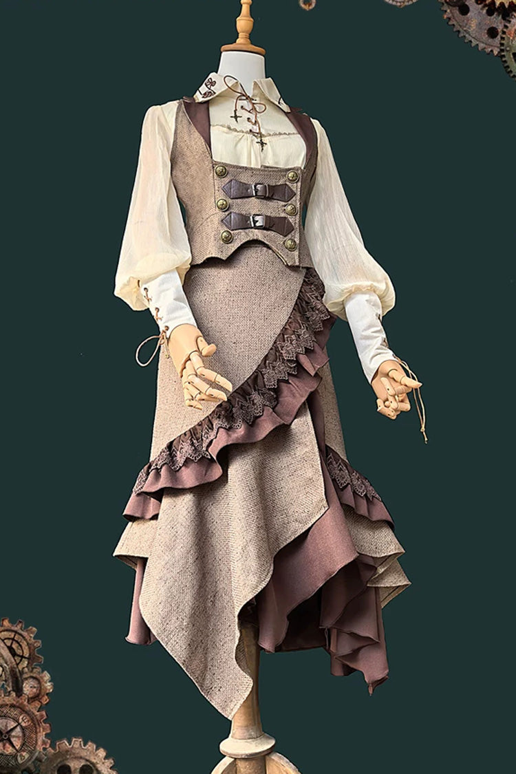 Coffee Brown [The Traveler] Sleeveless Ruffled Irregular Asymmetric Punk Lolita Skirt Set