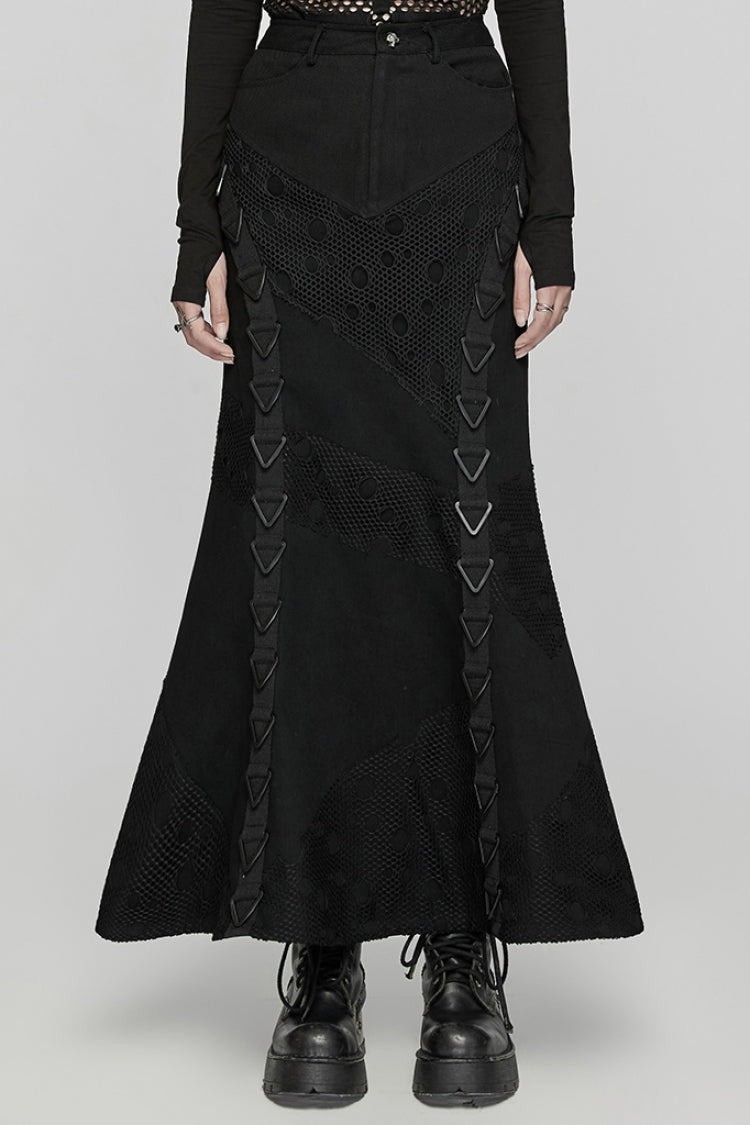 Black Stitching Mesh Triangular Buckle Women's Punk Fishtailed Skirt