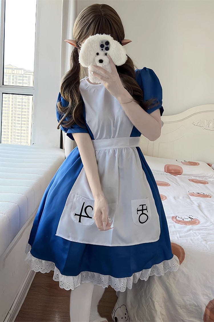 Blue/White [Alice Madness Returns] Short Sleeves Ruffle Sweet Plus Size Lolita Dress Full Set