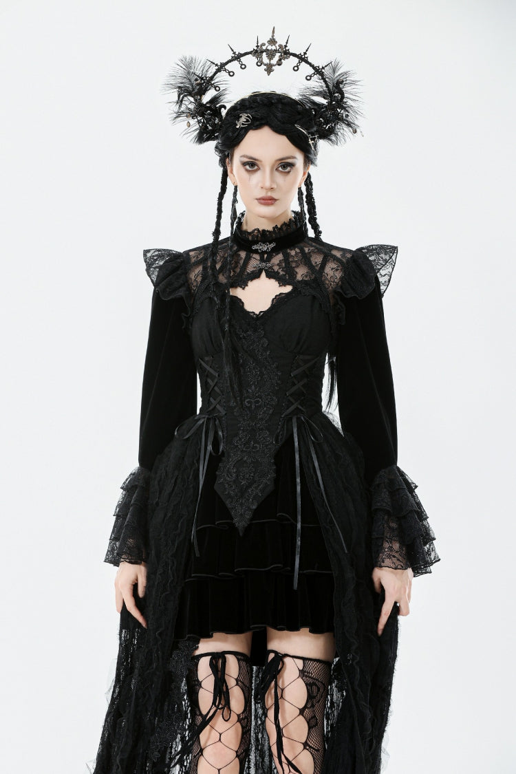 Black Stand Collar Long Flared Sleeves Lace Spliced Velvet Women's Gothic Cape