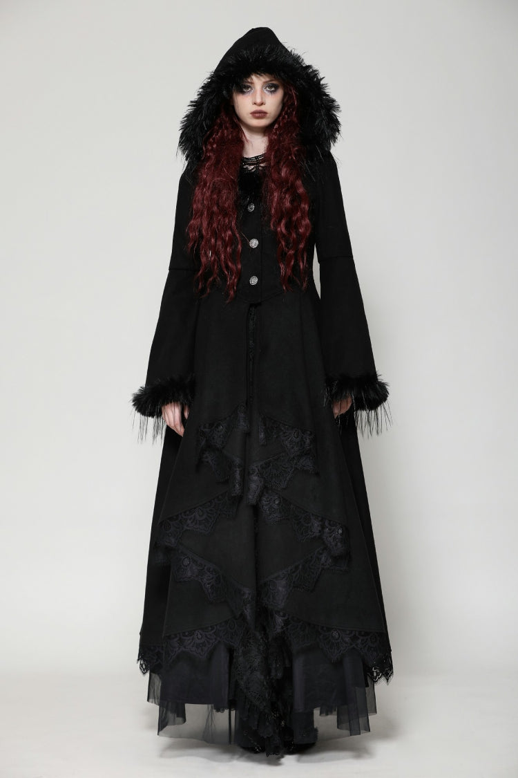 Black Long Bell Sleeves Lace Button Women's Gothic Romantic Coat with Hood