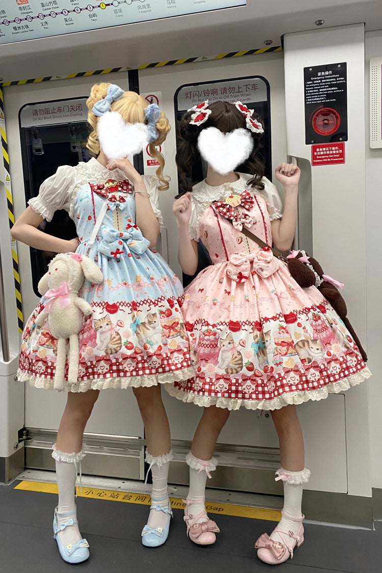 [Strawberry Cake Kitty] Sleeveless Printed Bow Lace Sweet Lolita Strap Dress 3 Colors