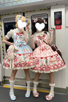 [Strawberry Cake Kitty] Sleeveless Printed Bow Lace Sweet Lolita Strap Dress 3 Colors