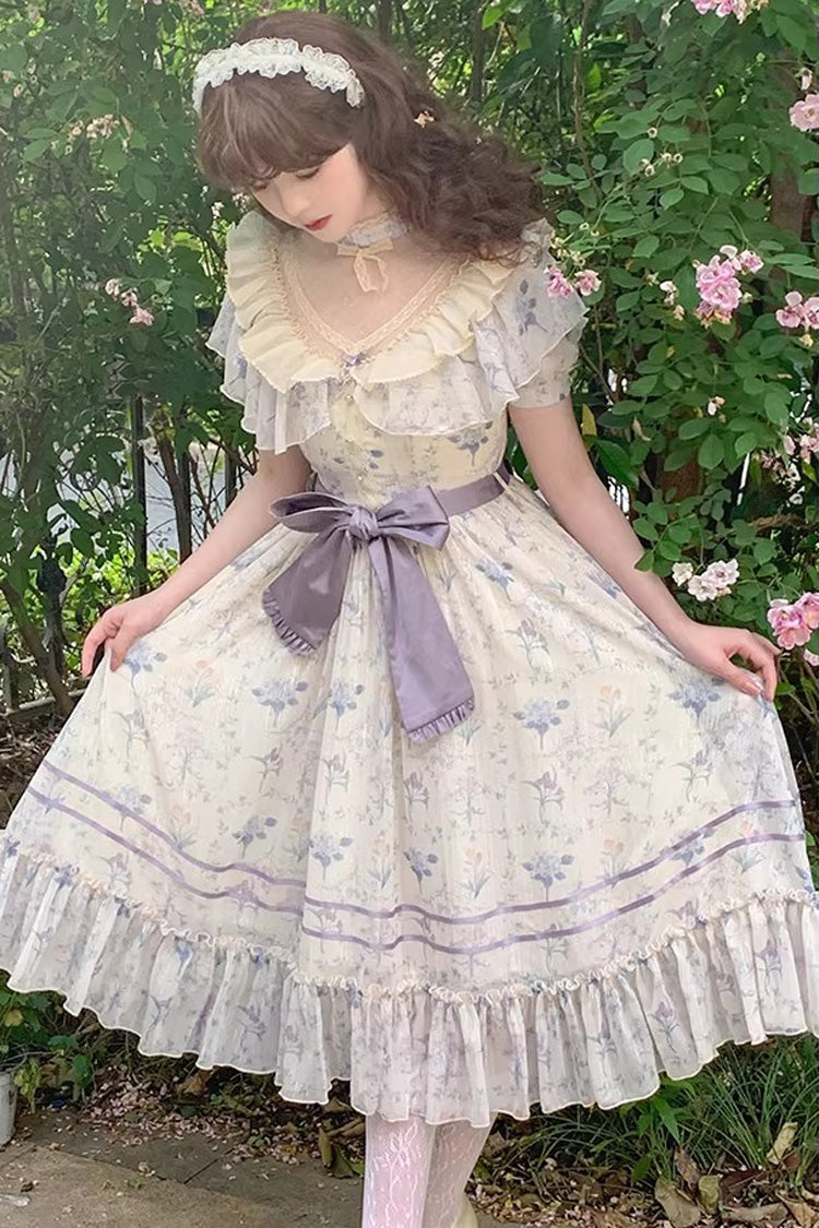 Purple [Summer Flower Wall] Short Sleeves Printed Ruffled Bow Lace Sweet Elegant Lolita Dress with Padded Bust
