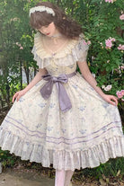 Purple [Summer Flower Wall] Short Sleeves Printed Ruffled Bow Lace Sweet Elegant Lolita Dress with Padded Bust