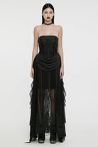 Black Off Shoulder Sleeveless Spliced Lace-Up Slim Pleated Women's Gothic Corset  Chiffon Strapless Dress