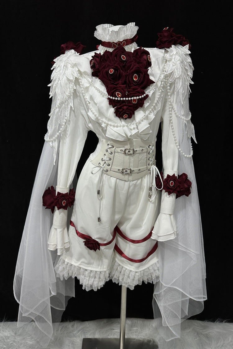 White [Ailing Stars] Stand Collar Long Sleeves Ruffled Pearl Detail Classic Ouji Lolita Set