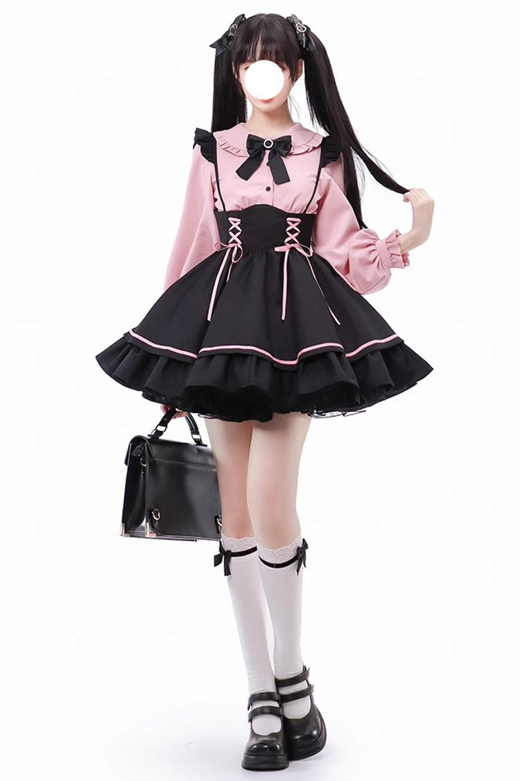Black/Pink First Sakura Long Sleeves Multi-layer Lace-Up Sweet Jirai Kei Japanese Set