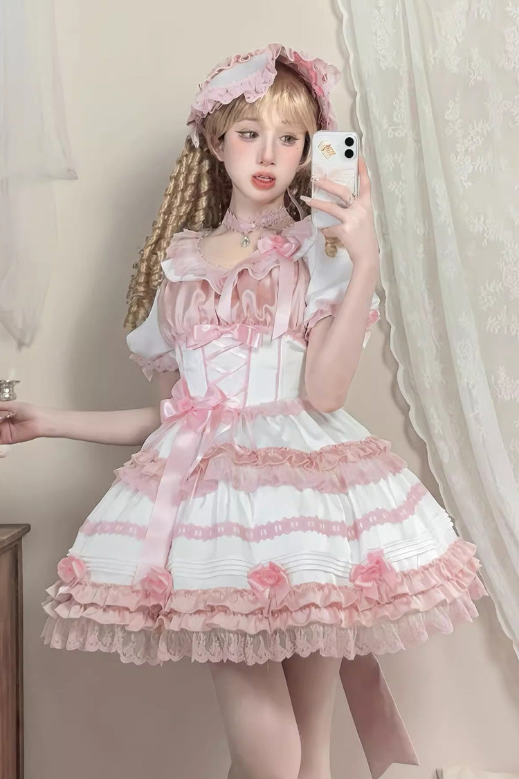 White/Pink [Layered Peach Ice] Short Sleeves Ruffle Bowknot Lace Sweet Lolita Dress