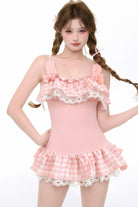 Pink Sleeveless Printed Ruffled Bow Lace Lolita Swimsuit