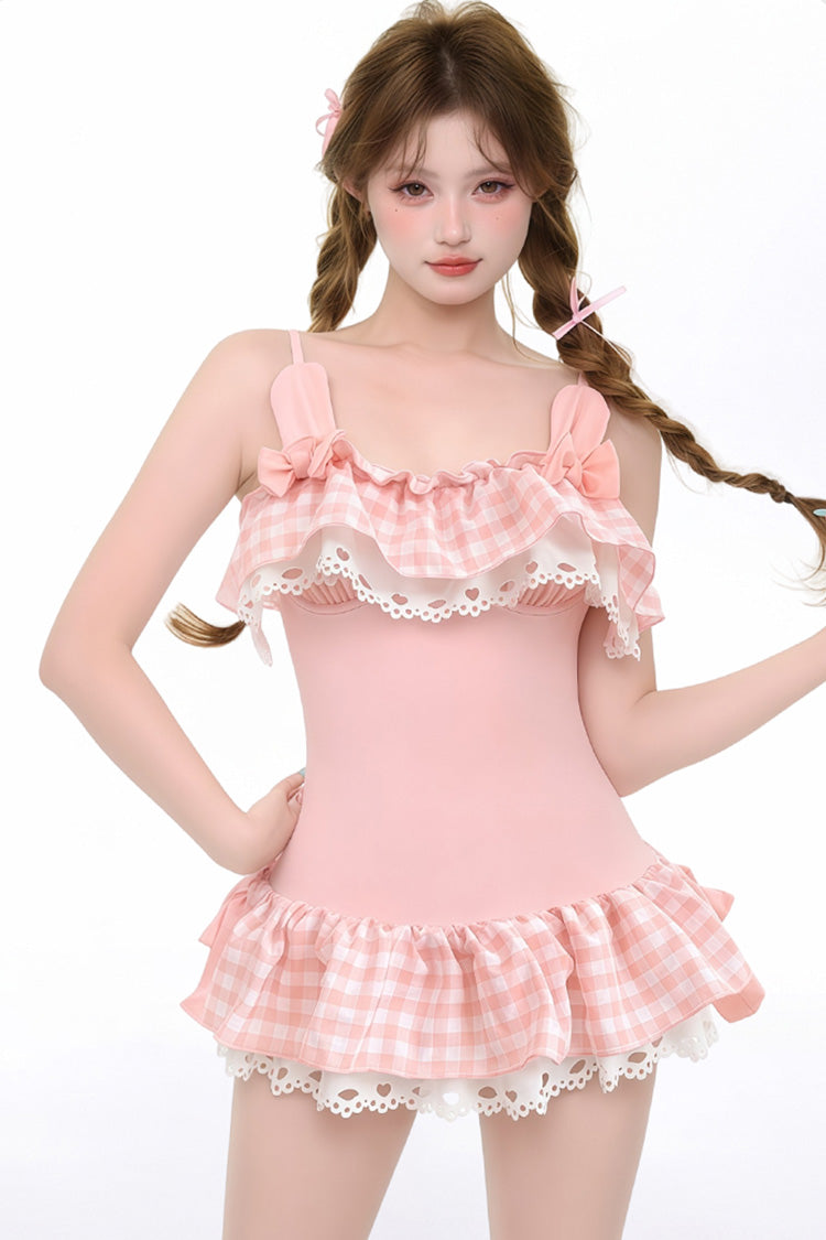 Pink Sleeveless Printed Ruffled Bow Lace Lolita Swimsuit