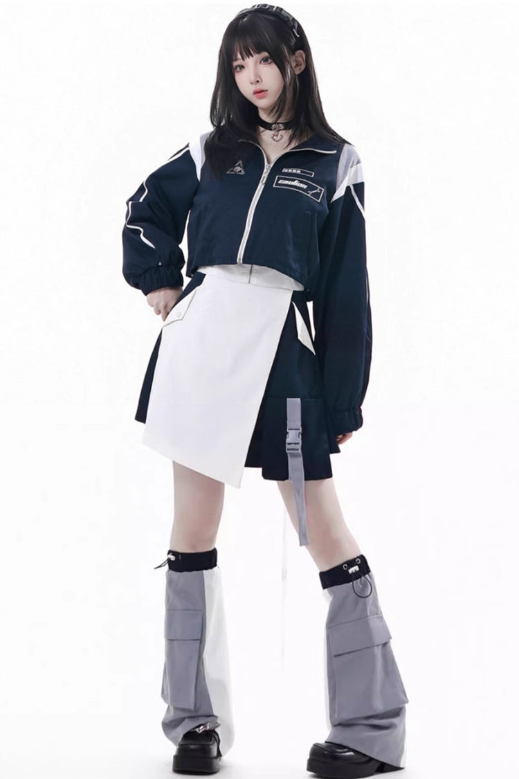 Blue/White [Message Overload] Techwear Long Sleeves Embroidered Asymmetric Zippered Jirai Kei Dress Short Coat Set