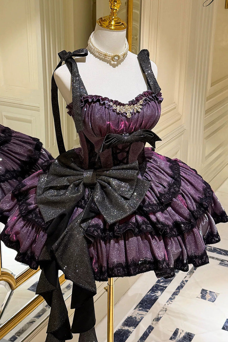 Purple [Galaxy of Fallen Tears] Sleeveless Glitter Series Triple-Layered Ruffled Bow Asymmetric Sweet Lolita Jsk Dress