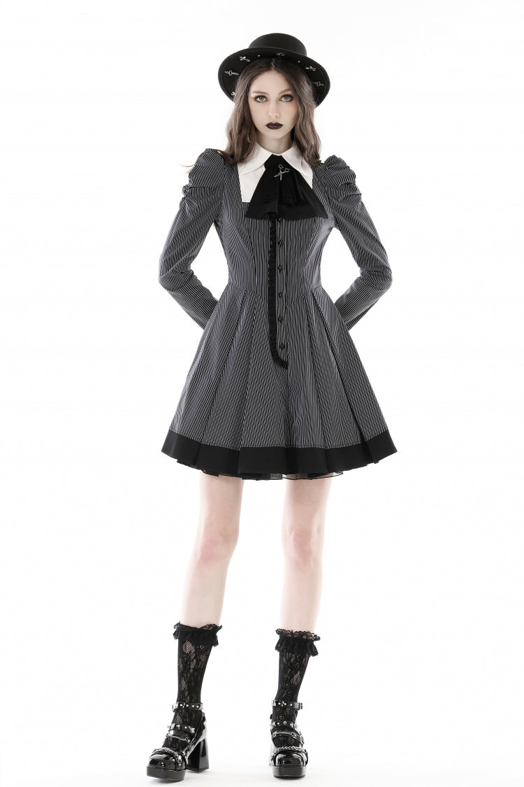 Black/White Lapel Collar Long Puff Sleeves Women's Gothic Striped Preppy Style Dress