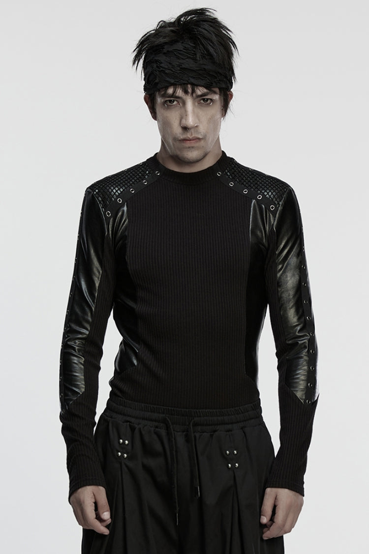 Black Round Collar Long Sleeves Spliced Eyelet Men's Punk T-Shirt
