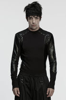Black Round Collar Long Sleeves Spliced Eyelet Men's Punk T-Shirt