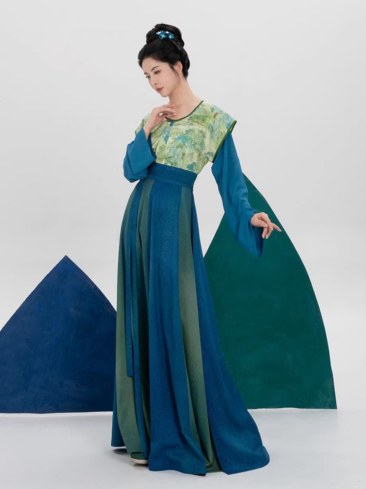 Tang Style Hanfu 3-Piece Dress Set in Blue Green