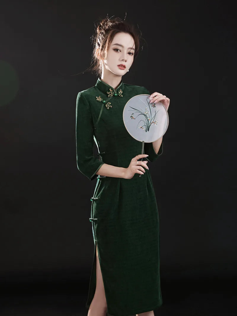 Dark Green Qipao | Beautiful Long Sleeve Vintage Cheongsam Dress