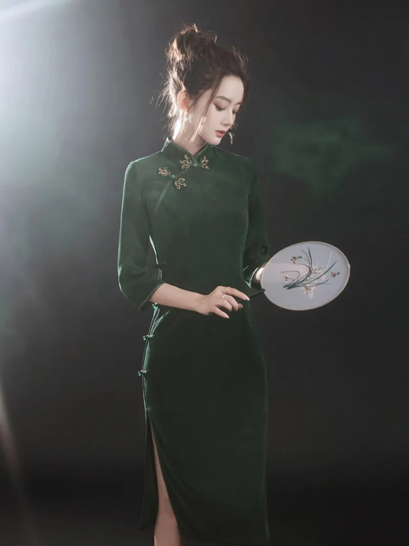 Dark Green Qipao | Beautiful Long Sleeve Vintage Cheongsam Dress