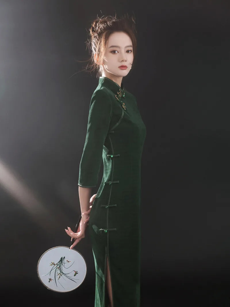 Dark Green Qipao | Beautiful Long Sleeve Vintage Cheongsam Dress