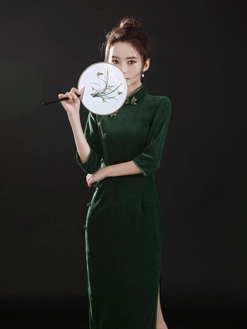Dark Green Qipao | Beautiful Long Sleeve Vintage Cheongsam Dress