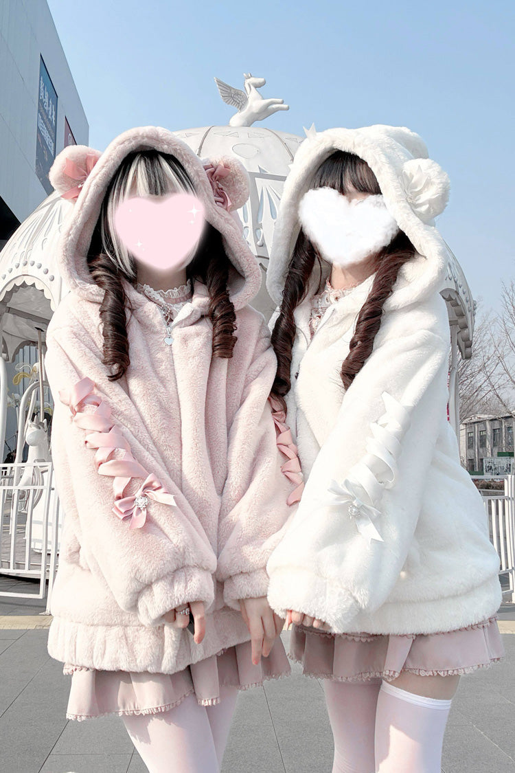 [Sleepy Bear Fluffy] Bear Ears Long Sleeves Bow Lace-Up Hooded Zippered Sweet Jirai Kei Japanese Coat
