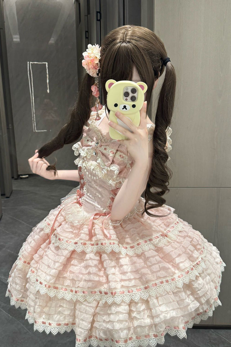 Pink [Song of Floral Letters] Sleeveless Triple-Layered Bowknot Lace-Up Sweet Lolita Jsk Dress