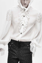 White Ruffle Stand Collar Lantern Sleeves Jacquard Men's Gothic Blouse