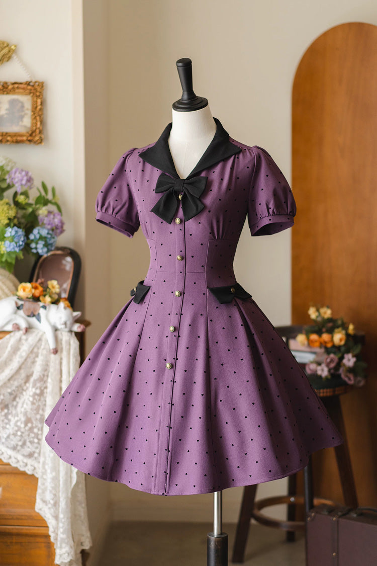 Purple [Forest Boulotty] Lapel Collar Short Sleeves Heart-Shaped Polka Dot Printed Bow Sweet Lolita Dress