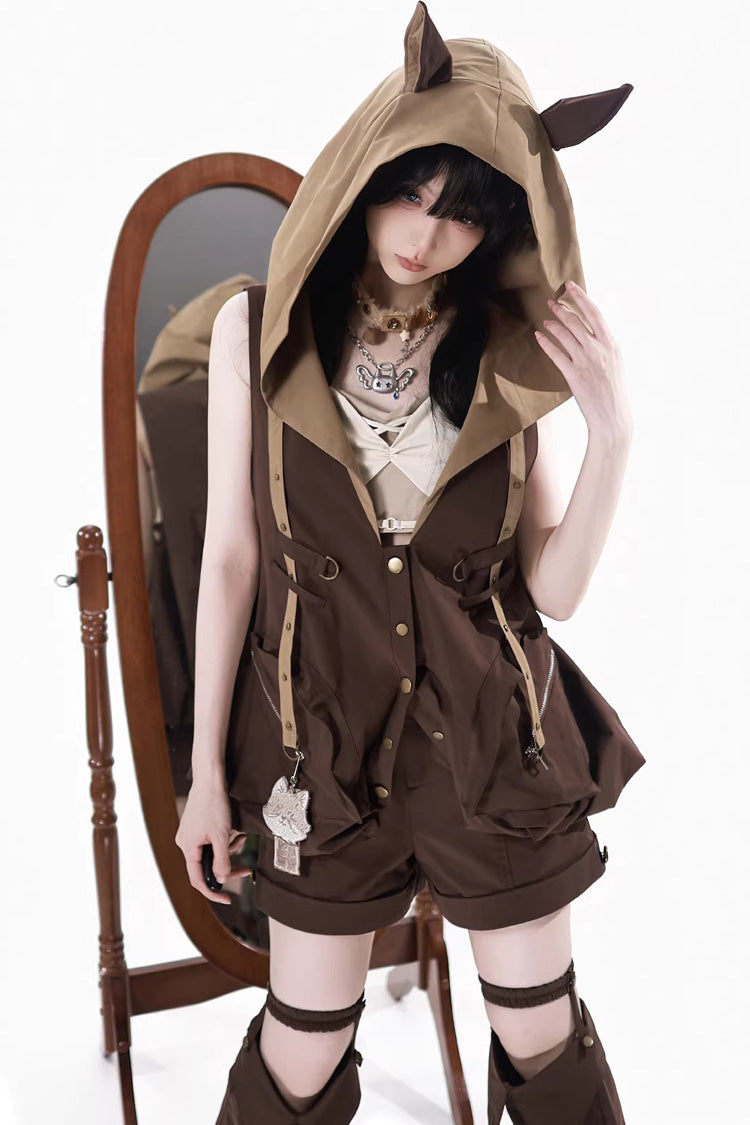 Brown [Fox Trail Chronicles] Sleeveless Hooded Punk Prince Ouji Lolita Set