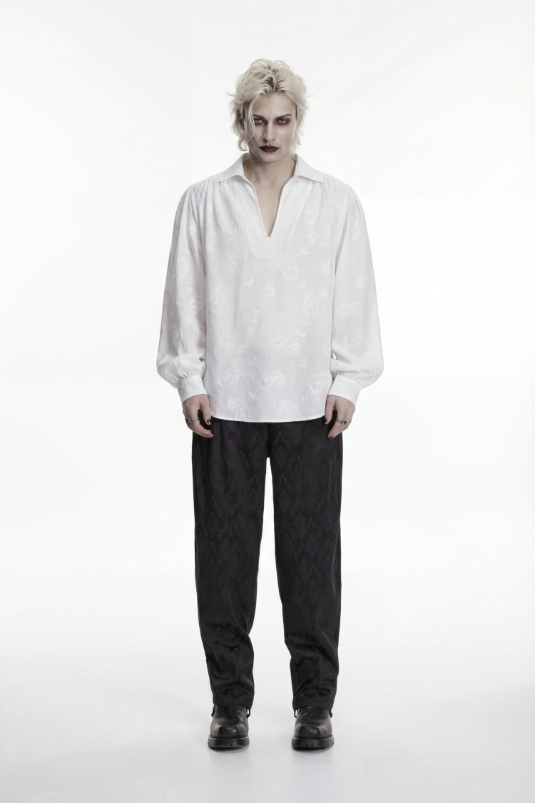 White Lapel Collar Long Lantern Sleeves Printed Embroidered Men's Gothic Shirt