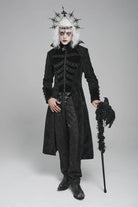 Black Diamante Stand Collar Long Sleeves Printed Zippered Men's Gothic Long Coat