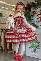Red [Crown of Gems] Triple-Layered Ruffle Bowknot Lace Sweet Gorgeous Lolita Jsk Dress