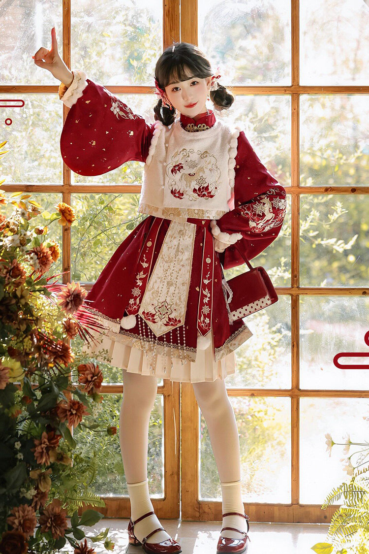 Red [The Horse of the New Spring] Stand Collar Lantern Sleeves High Waisted Jacquard Embroidered Women's Sweet Hanfu Dress Set