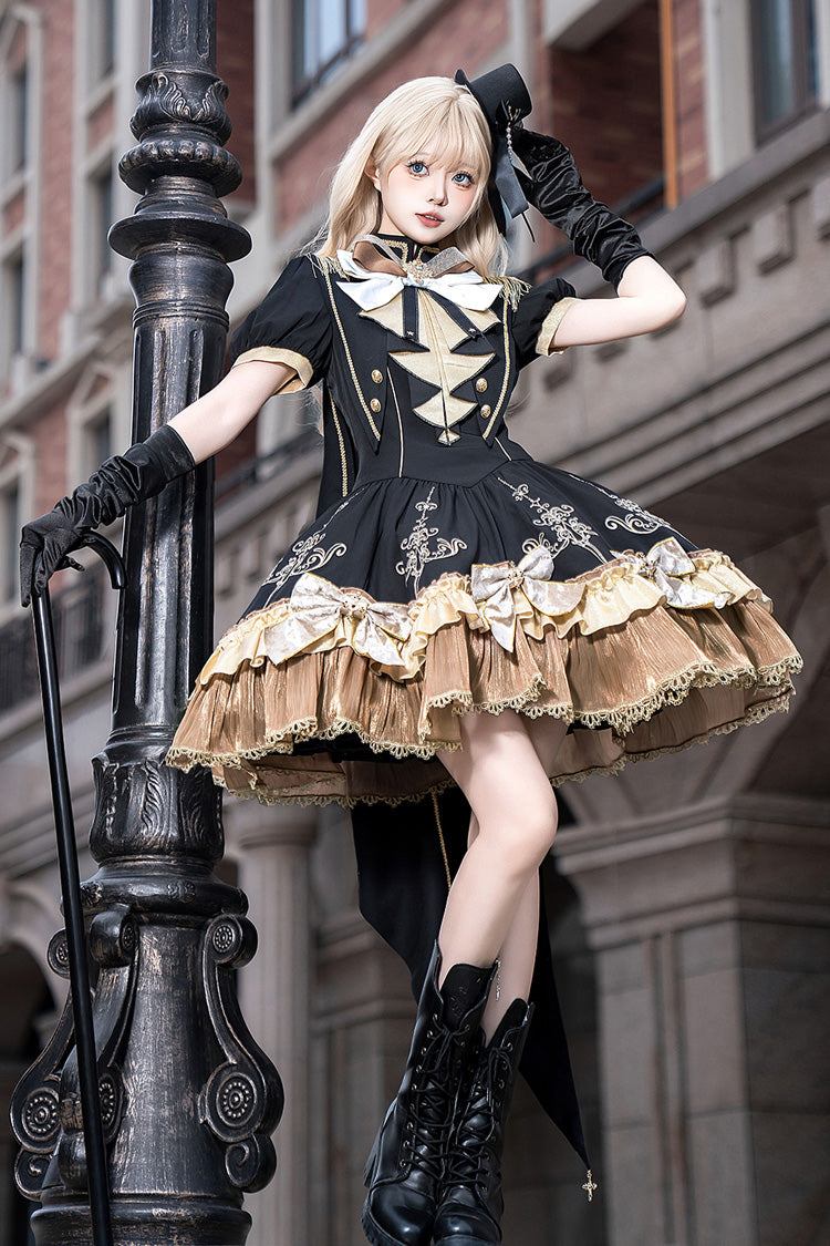 Black [Gilded Oath] Short Sleeves Double-Layered Ruffle Embroidery Bowknot Gothic Lolita Dress