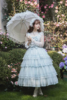 Blue [Aegean] Square Collar Flutter Sleeves Multi-Layered Ruffled Bow Sweet Lolita Jsk Dress Set