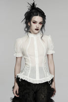 White Stand Collar Short Puff Sleeves Ruffled Lace-Up Women's Gothic Blouse