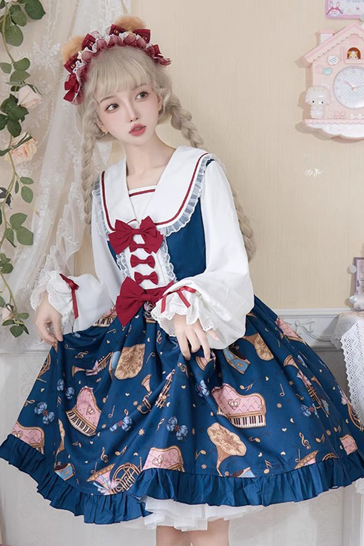 [Bear Band] Long Sleeves Print Ruffle Bowknot Lace Sweet Elegant Princess Lolita Dress 3 Colors