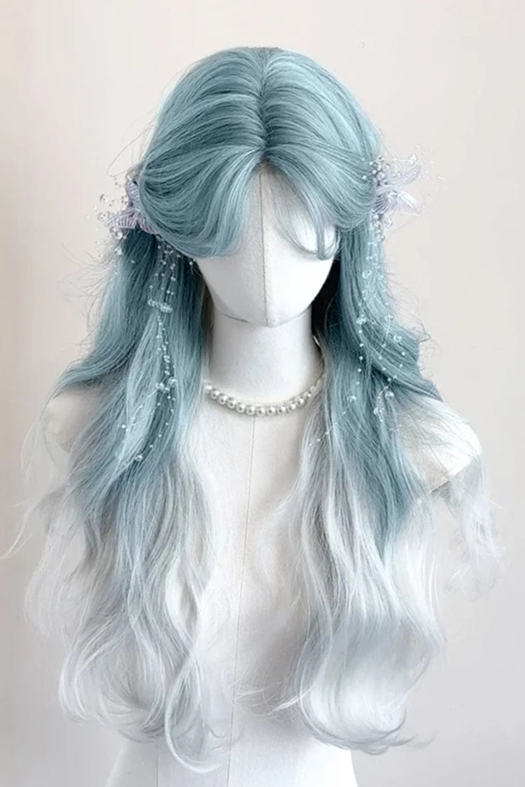 Glacier Blue Ombre Curtain Bangs Long Wavy Sweet Lolita Wig