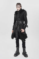 Black Stand Collar Long Sleeves Lace-Up Slim  Zippered Men's Punk Coat with Detachable Belt