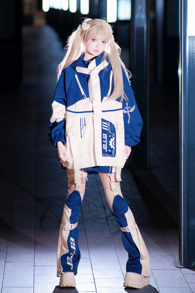 White/Blue [Zero-Type Transformation] Techwear Long Sleeves Embroidered Hooded Punk Jirai Kei Shorts Coat Set