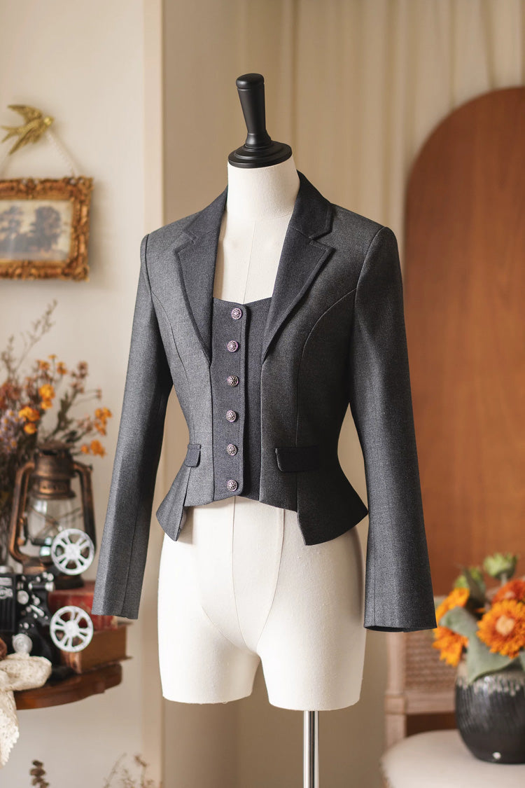 Grey [Beech Forest] Long Sleeves Color-Blocked Classic Vintage Ouji Lolita Coat 2 Colors