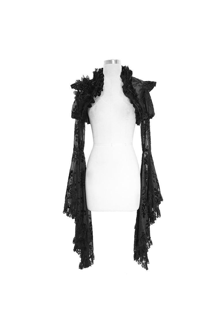 Black Transparent Lace Trim Big Trumpet Sleeve 3D Flower Rabbit Fur Lace Women's Gothic Shawl