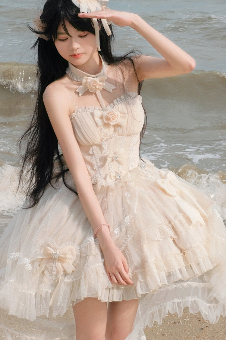 Ivory Galaxy Flower Language Multi-Layered Ruffle Bowknot Sweet Lolita Tube Top Dress